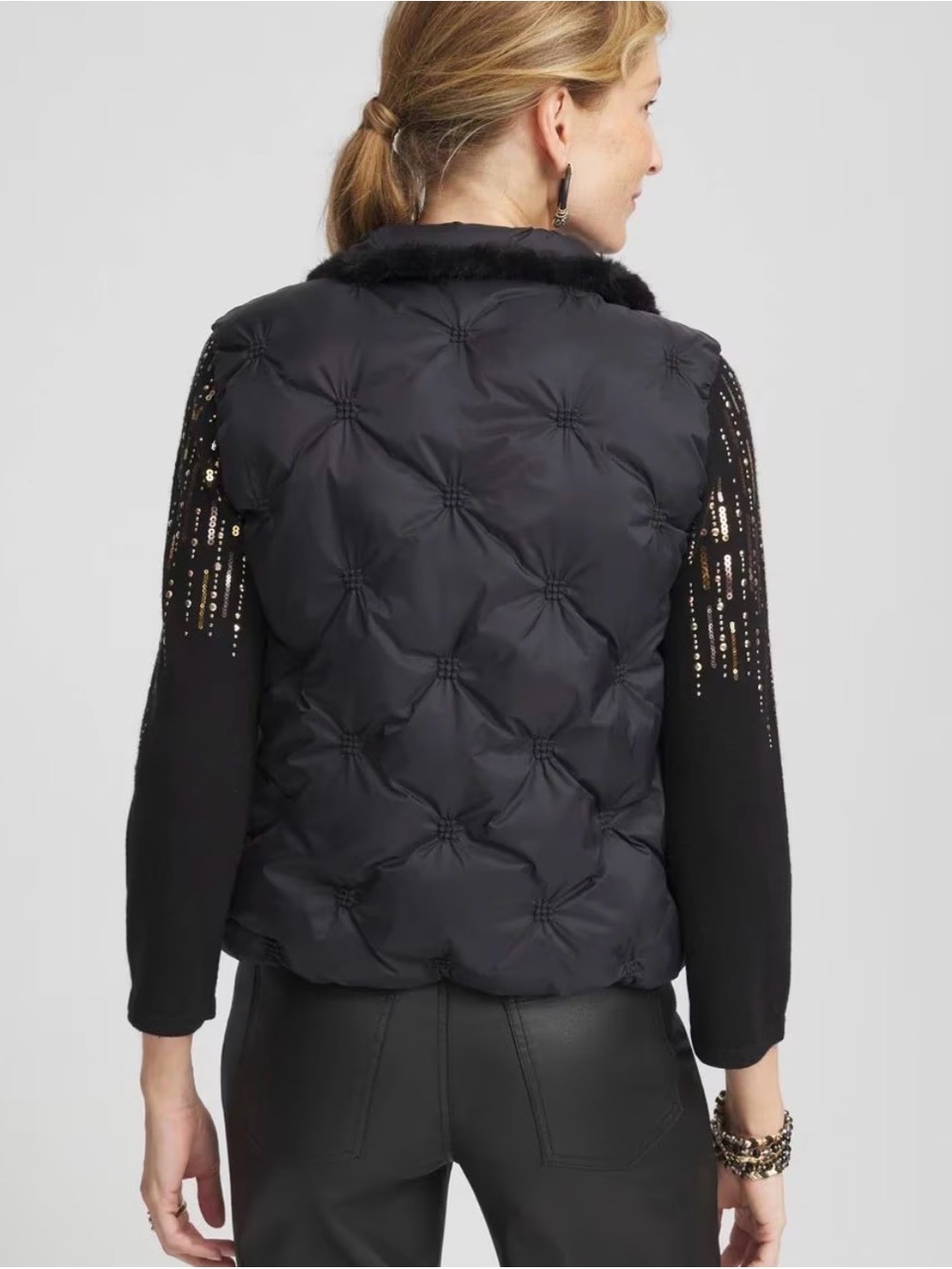 Chico’s Black Tufted Quilted Puffer Vest Faux Fur Trim Cozy Snap Front Layer 8